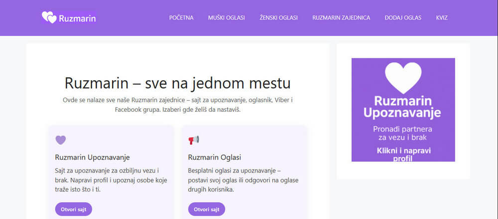 Sajt za oglase Ruzmarin pregled početne stranice
