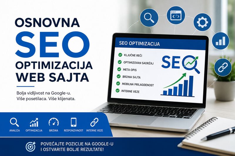 Infografika i laptop sa elementima osnovne SEO optimizacije web sajta Raled Web Studio