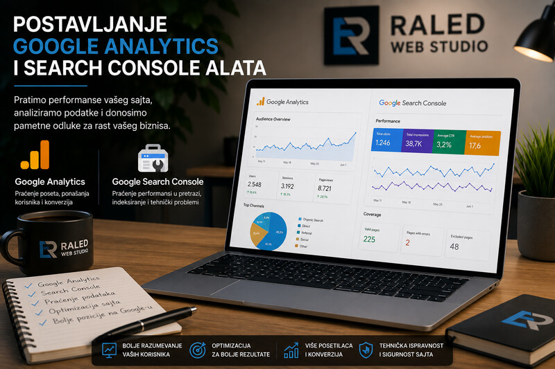 Postavljanje Google Analytics i Google Search Console alata za praćenje performansi web sajta.